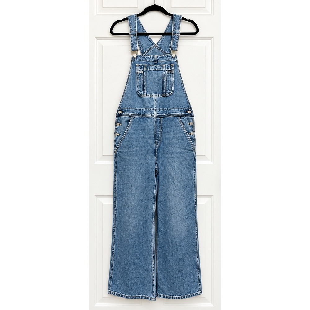 Old Navy Baggy Wide Leg Denim Overalls Womens 10 Petite Blue Cotton Dungarees